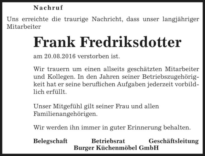  Traueranzeige für Frank Fredriksdotter  vom 01.09.2016 aus Magdeburger Volksstimme