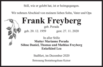 Traueranzeige von Frank Freyberg (geb. Porada)  von Magdeburger Volksstimme