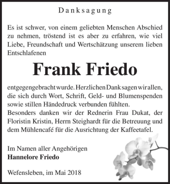 Traueranzeige von Frank Friedo  von Magdeburger Volksstimme