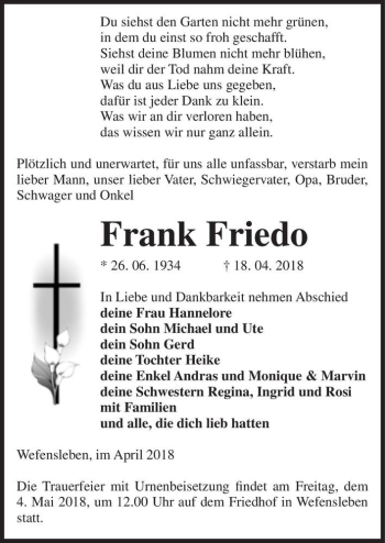 Traueranzeige von Frank Friedo  von Magdeburger Volksstimme