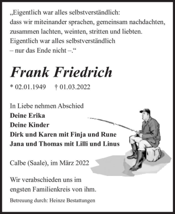 Traueranzeige von Frank Friedrich  von Magdeburger Volksstimme