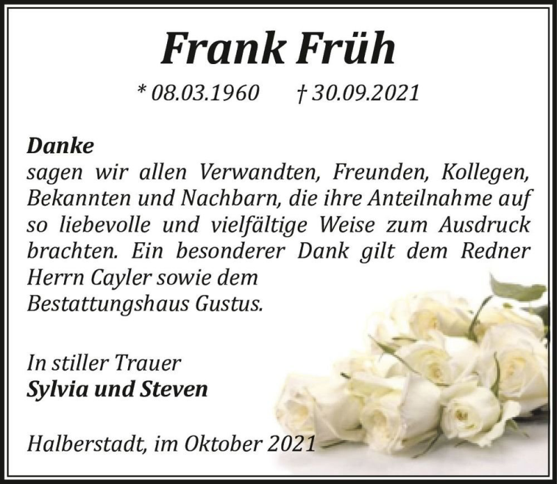  Traueranzeige für Frank Früh  vom 06.11.2021 aus Magdeburger Volksstimme