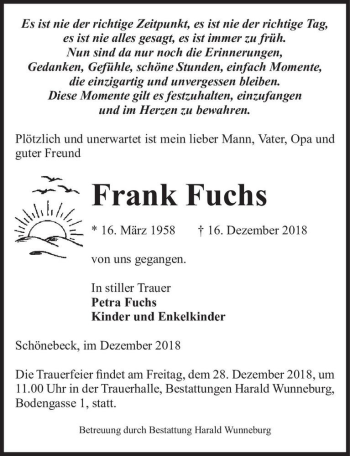 Traueranzeige von Frank Fuchs  von Magdeburger Volksstimme