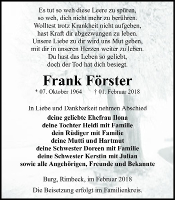 Traueranzeige von Frank Förster  von Magdeburger Volksstimme