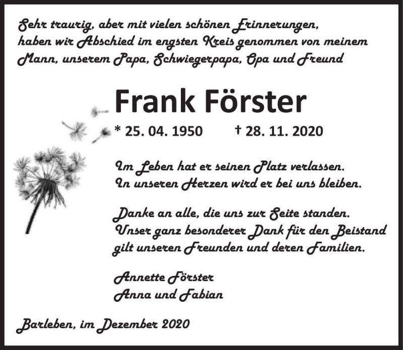  Traueranzeige für Frank Förster  vom 19.12.2020 aus Magdeburger Volksstimme
