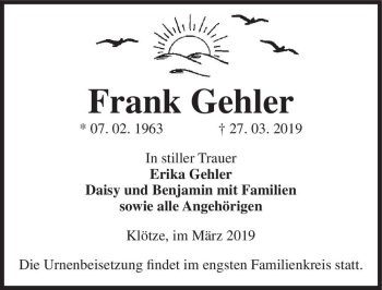 Traueranzeige von Frank Gehler  von Magdeburger Volksstimme