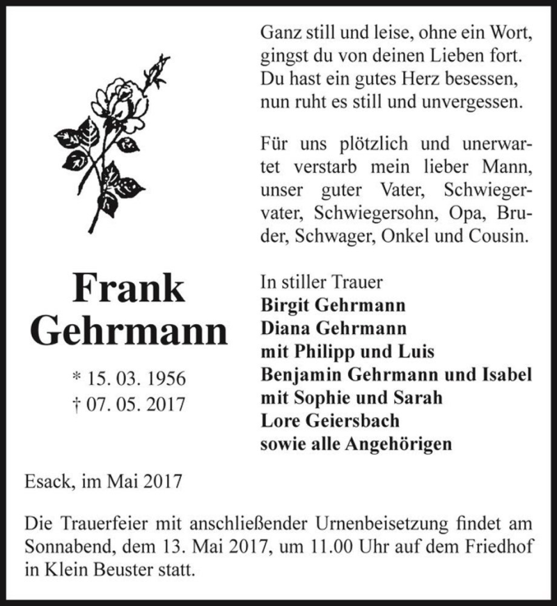  Traueranzeige für Frank Gehrmann  vom 10.05.2017 aus Magdeburger Volksstimme