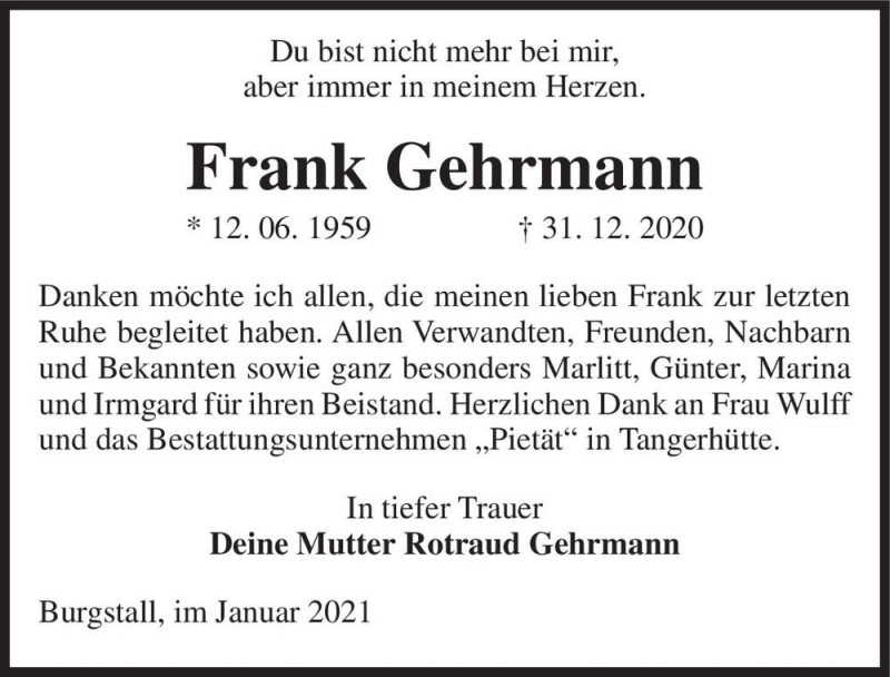  Traueranzeige für Frank Gehrmann  vom 27.01.2021 aus Magdeburger Volksstimme
