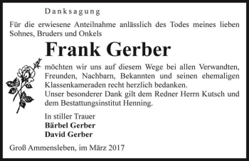 Traueranzeige von Frank Gerber  von Magdeburger Volksstimme