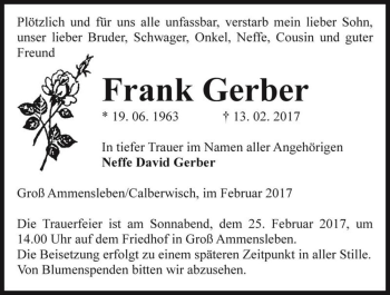 Traueranzeige von Frank Gerber  von Magdeburger Volksstimme
