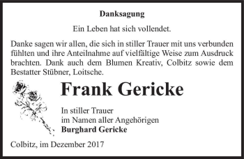 Traueranzeige von Frank Gericke  von Magdeburger Volksstimme