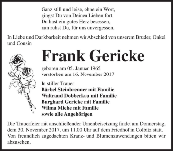 Traueranzeige von Frank Gericke  von Magdeburger Volksstimme