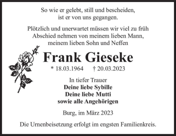 Traueranzeige von Frank Gieseke  von Magdeburger Volksstimme