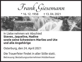 Traueranzeige von Frank Giesemann  von Magdeburger Volksstimme