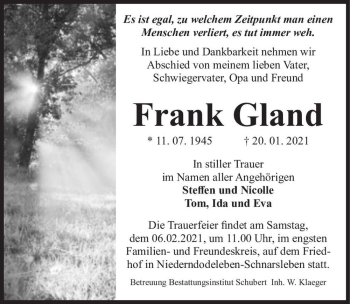 Traueranzeige von Frank Gland  von Magdeburger Volksstimme