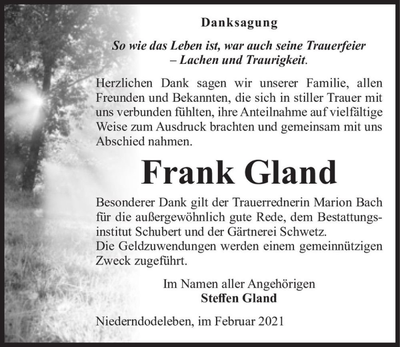  Traueranzeige für Frank Gland  vom 20.02.2021 aus Magdeburger Volksstimme