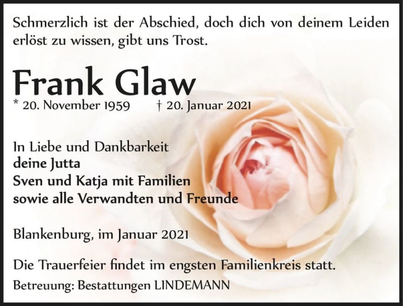  Traueranzeige für Frank Glaw  vom 30.01.2021 aus Magdeburger Volksstimme