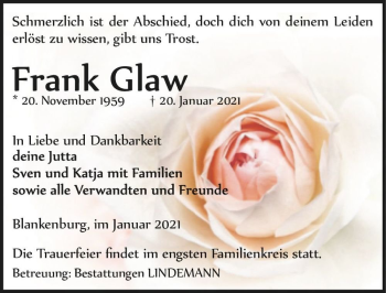 Traueranzeige von Frank Glaw  von Magdeburger Volksstimme