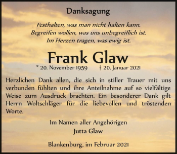Traueranzeige von Frank Glaw  von Magdeburger Volksstimme