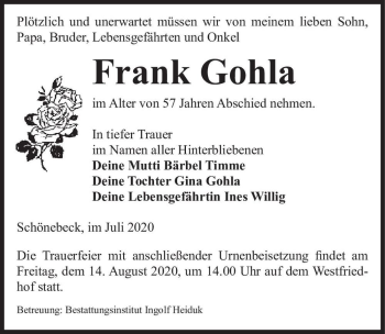 Traueranzeige von Frank Gohla  von Magdeburger Volksstimme