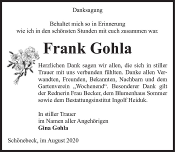 Traueranzeige von Frank Gohla  von Magdeburger Volksstimme