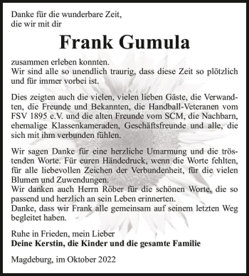 Traueranzeige von Frank Gumula  von Magdeburger Volksstimme