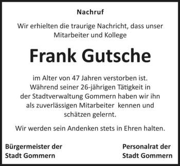 Traueranzeige von Frank Gutsche  von Magdeburger Volksstimme