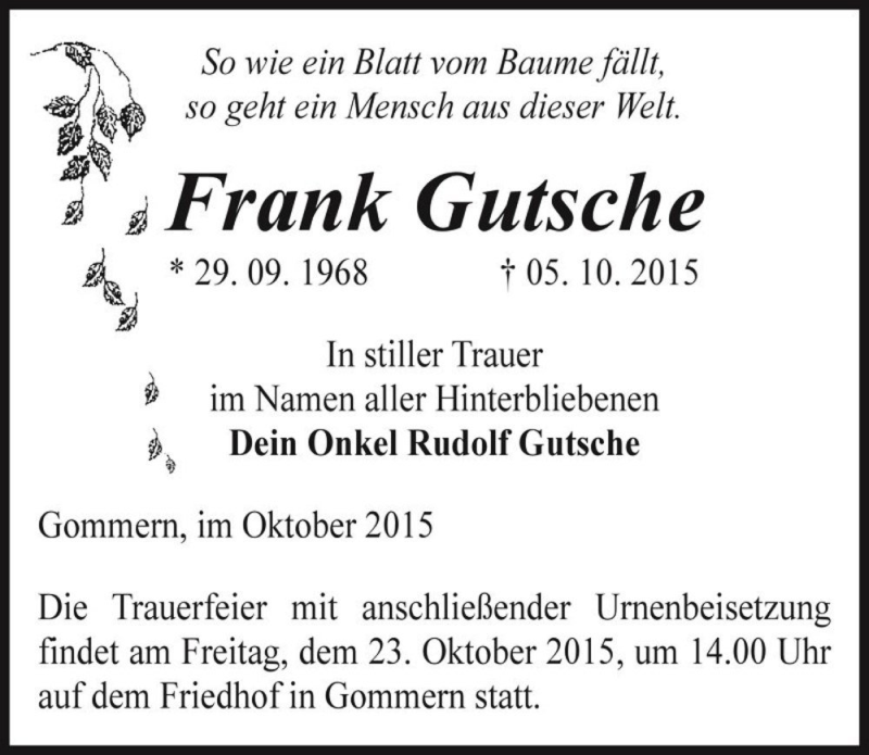  Traueranzeige für Frank Gutsche  vom 10.10.2015 aus Magdeburger Volksstimme