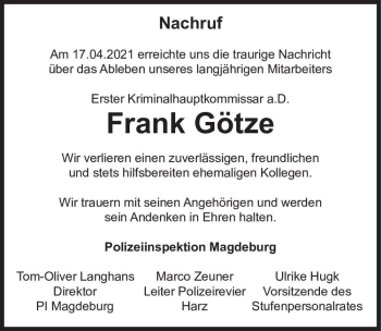 Traueranzeige von Frank Götze  von Magdeburger Volksstimme