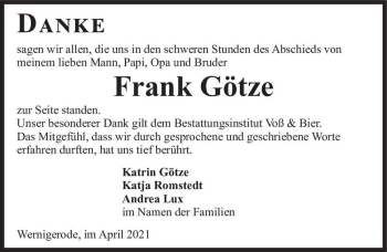 Traueranzeige von Frank Götze  von Magdeburger Volksstimme