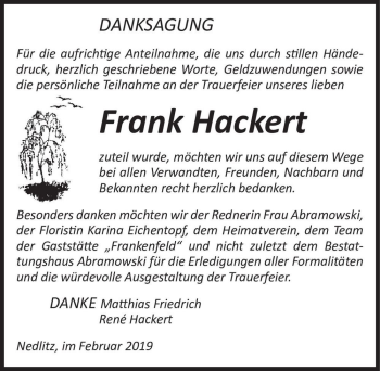 Traueranzeige von Frank Hackert  von Magdeburger Volksstimme
