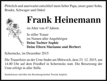 Traueranzeige von Frank Heinemann  von Magdeburger Volksstimme