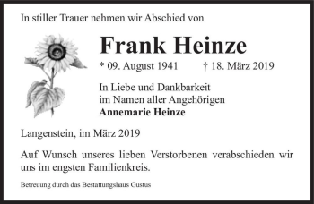 Traueranzeige von Frank Heinze  von Magdeburger Volksstimme