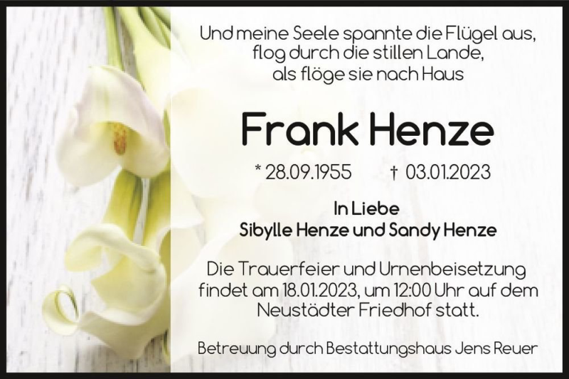  Traueranzeige für Frank Henze  vom 14.01.2023 aus Magdeburger Volksstimme