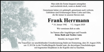 Traueranzeige von Frank Hermann  von Magdeburger Volksstimme