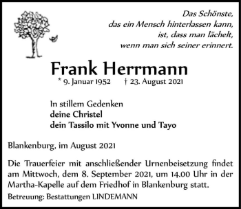 Traueranzeige von Frank Herrmann  von Magdeburger Volksstimme