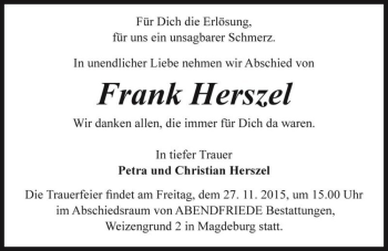 Traueranzeige von Frank Herszel  von Magdeburger Volksstimme