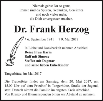 Traueranzeige von Frank Herzog  von Magdeburger Volksstimme