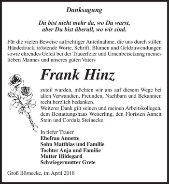 Traueranzeige von Frank Hinz  von Magdeburger Volksstimme