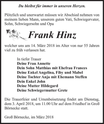 Traueranzeige von Frank Hinz  von Magdeburger Volksstimme