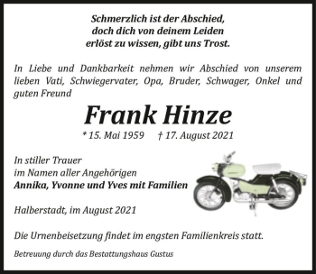 Traueranzeige von Frank Hinze  von Magdeburger Volksstimme