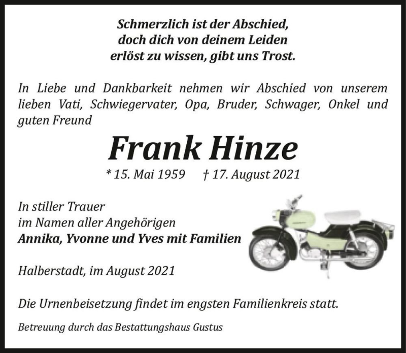  Traueranzeige für Frank Hinze  vom 21.08.2021 aus Magdeburger Volksstimme