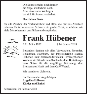 Traueranzeige von Frank Hübener  von Magdeburger Volksstimme