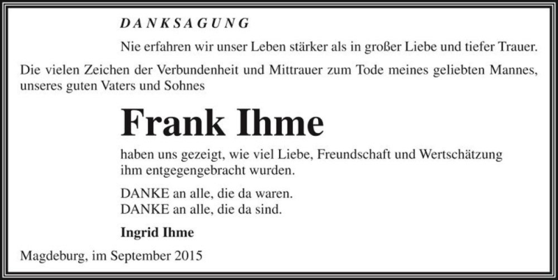  Traueranzeige für Frank Ihme  vom 12.09.2015 aus Magdeburger Volksstimme