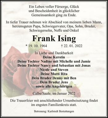 Traueranzeige von Frank Ising  von Magdeburger Volksstimme