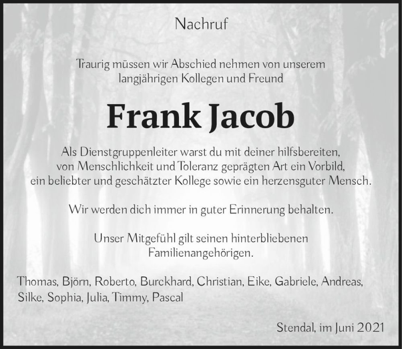  Traueranzeige für Frank Jacob  vom 29.06.2021 aus Magdeburger Volksstimme