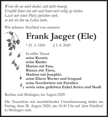 Traueranzeige von Frank Jaeger (Ele)  von Magdeburger Volksstimme