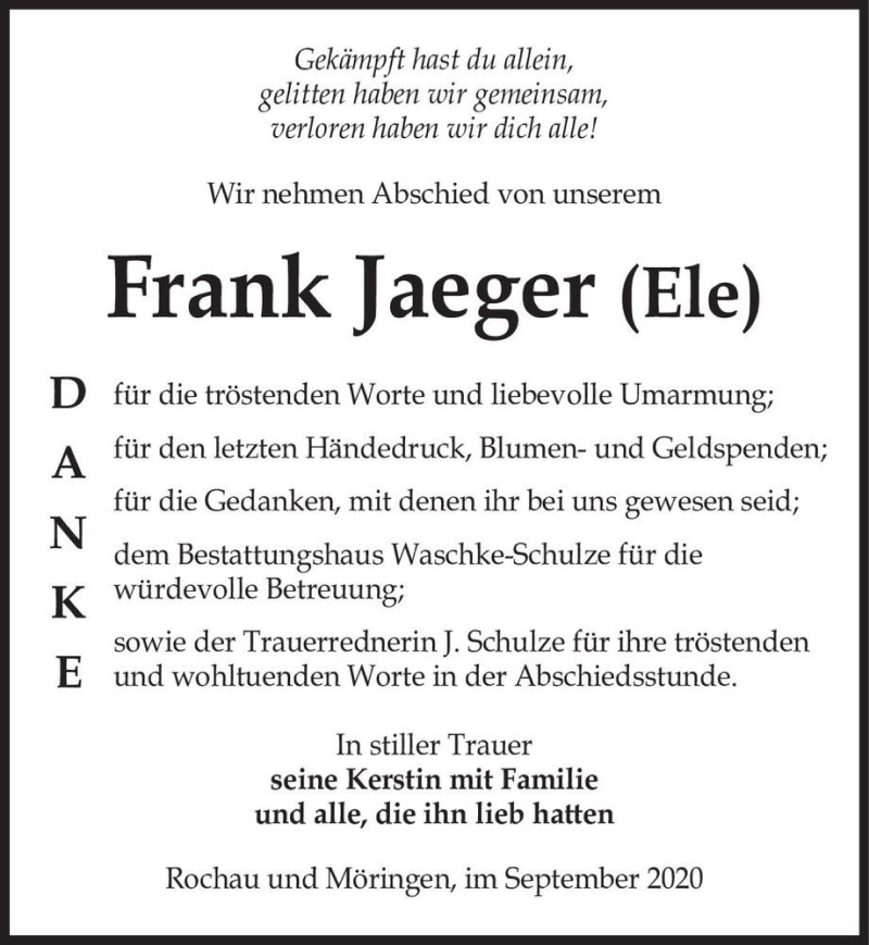  Traueranzeige für Frank Jaeger  vom 05.09.2020 aus Magdeburger Volksstimme