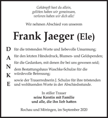 Traueranzeige von Frank Jaeger  von Magdeburger Volksstimme