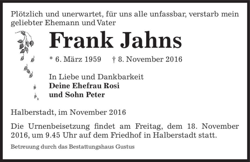  Traueranzeige für Frank Jahns  vom 12.11.2016 aus Magdeburger Volksstimme